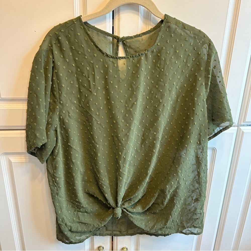SHEIN Olive Green Knot-Front Textured Short-Sleeve Blouse